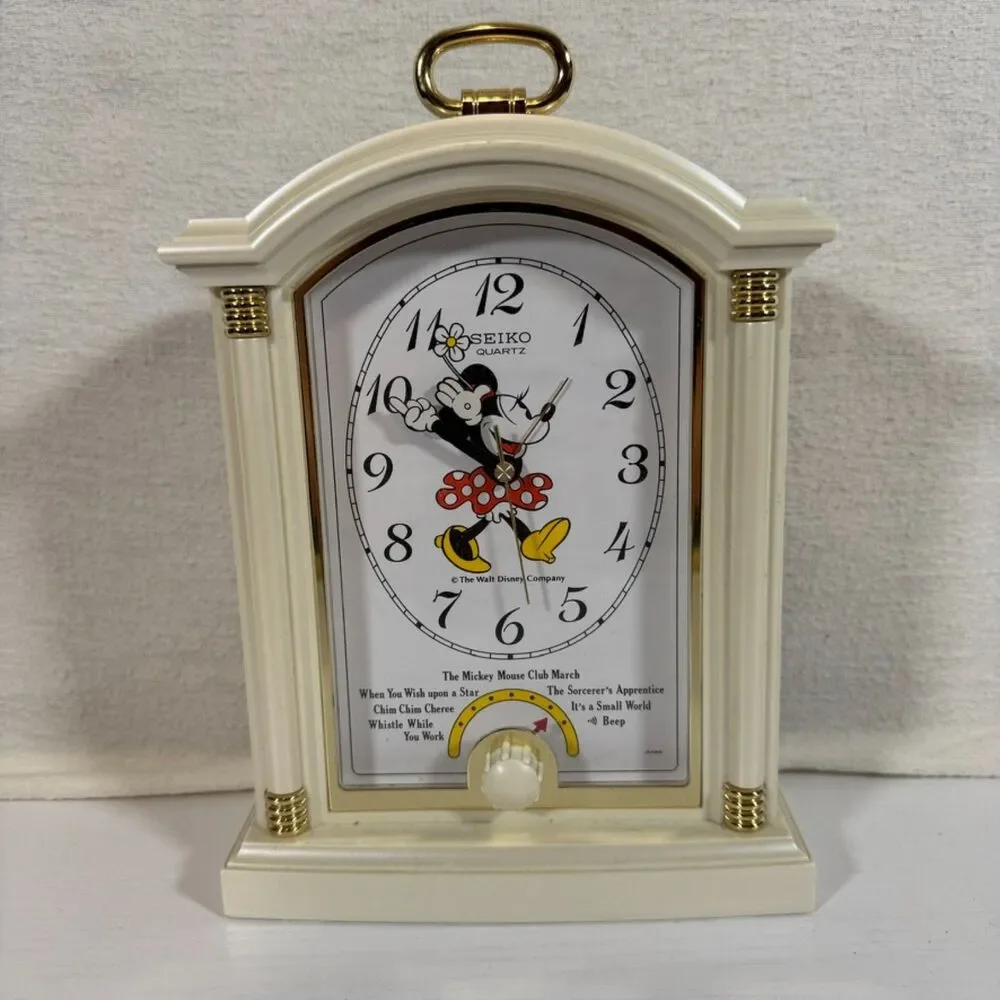 Vintage Seiko Quartz Disney Minnie Mouse Musical Alarm Clock Mantel White